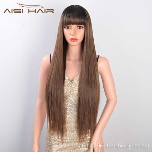 Aisi Hair Wholesale Cheap Vendor Long Silky Straight Wave Ombre Brown Wig With Bangs For Black Women Synthetic Hair Wigs